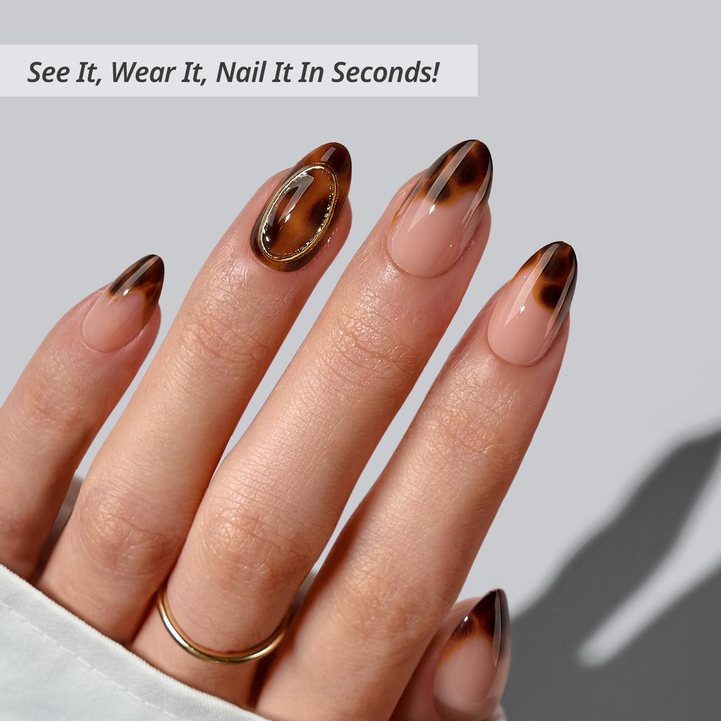 BTArtbox Almond Press On Nails – Amber Hoops & Tortoise Shell Short French Tip Kit
