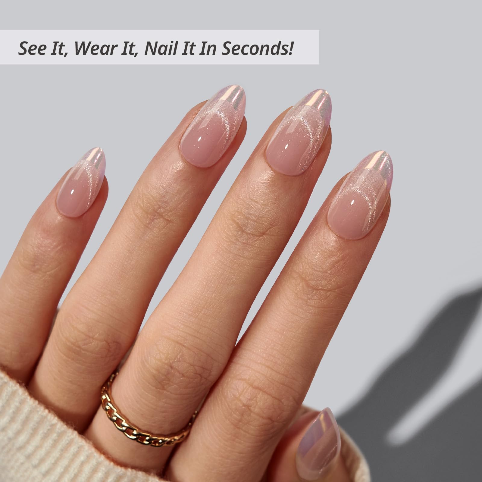 BTArtbox Almond Press On Nails – Diamond Dust Cat Eye Chrome Tips, 32 Nails, 16 Sizes