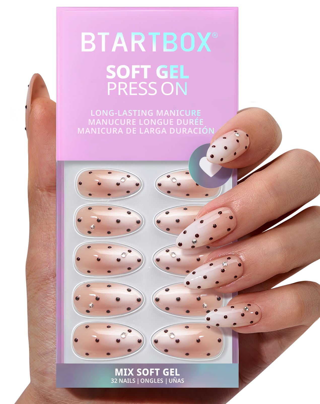 BTArtbox Press On Nails Almond – Gala Polka 3D Ombre (Medium) Kit with Glue & Tabs, 16 Sizes