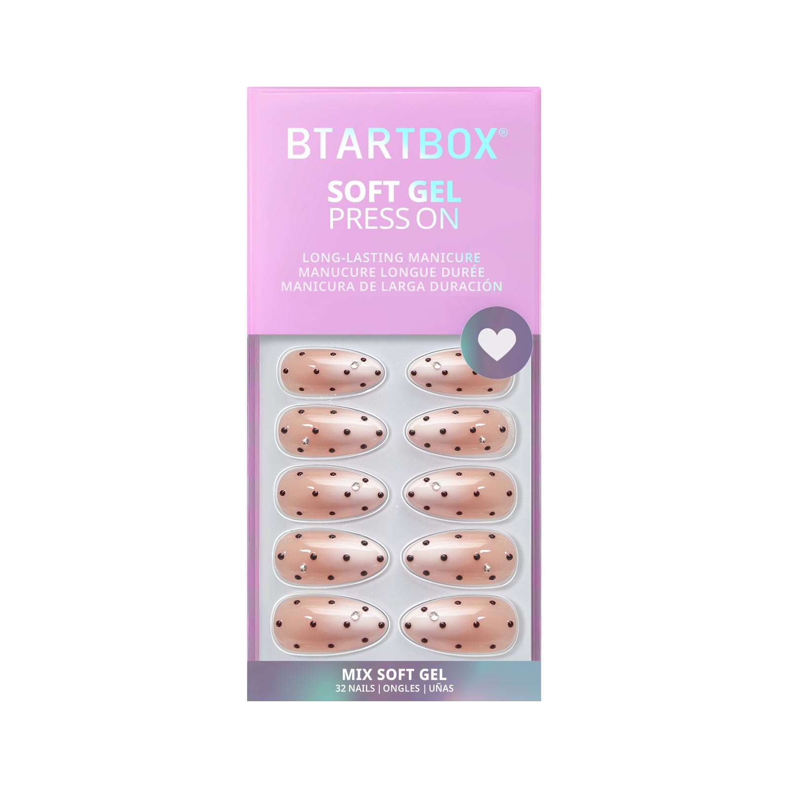 BTArtbox Press On Nails Almond – Gala Polka 3D Ombre (Medium) Kit with Glue & Tabs, 16 Sizes