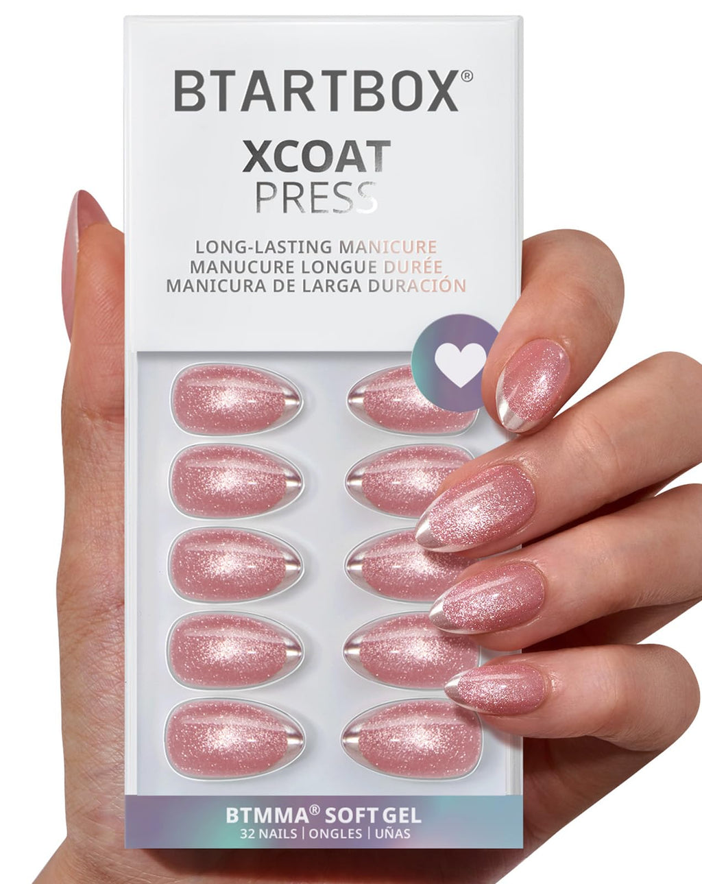 BTArtbox Press On Nails Almond – Gilded Cheer Glitter French Tip Kit (32 Nails + Glue Kit)