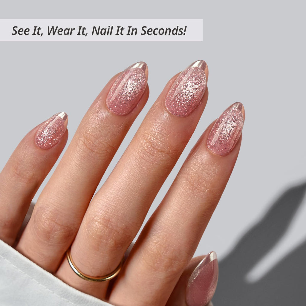 BTArtbox Press On Nails Almond – Gilded Cheer Glitter French Tip Kit (32 Nails + Glue Kit)