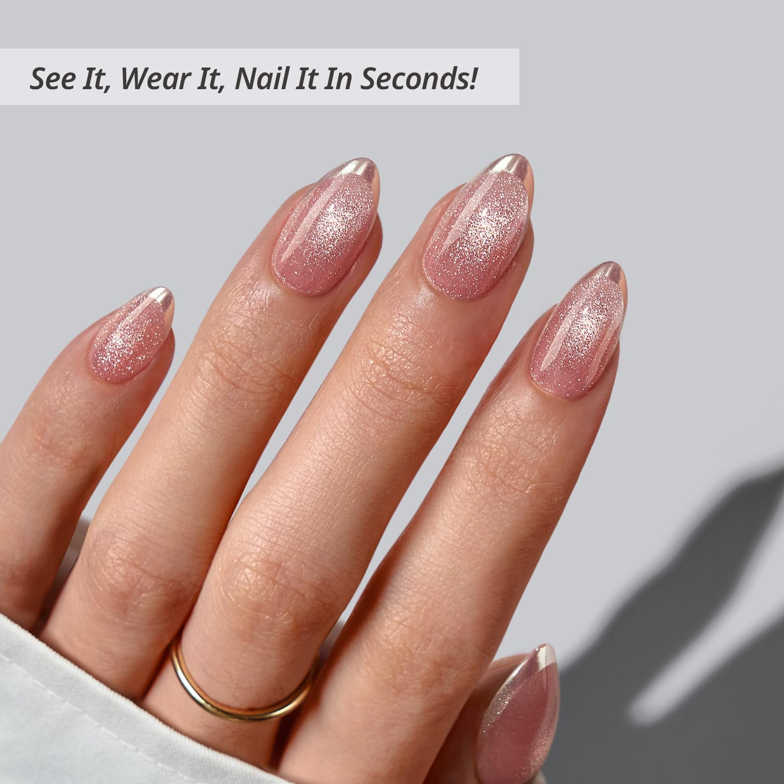 BTArtbox Press On Nails Almond – Gilded Cheer Glitter French Tip Kit (32 Nails + Glue Kit)