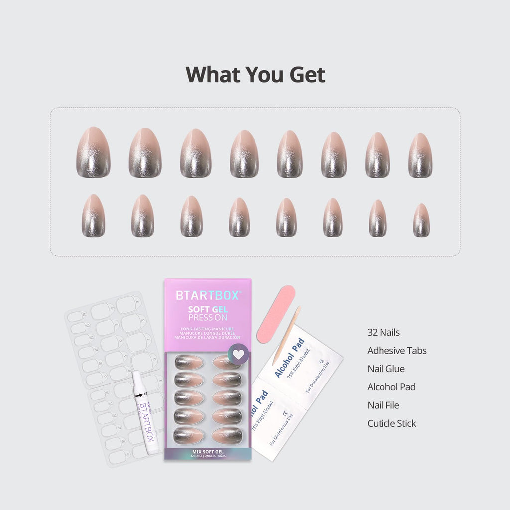 BTArtbox Press On Nails Short - Silver Fizz Chrome Glitter Almond Kit (32 Nails + Glue & Tabs)