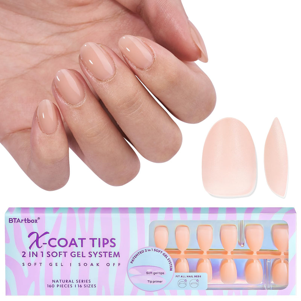 BTArtbox 160pcs Almond Nail Tips – Extra Short, 16 Sizes, Full Well Tips (Glue Not Included)