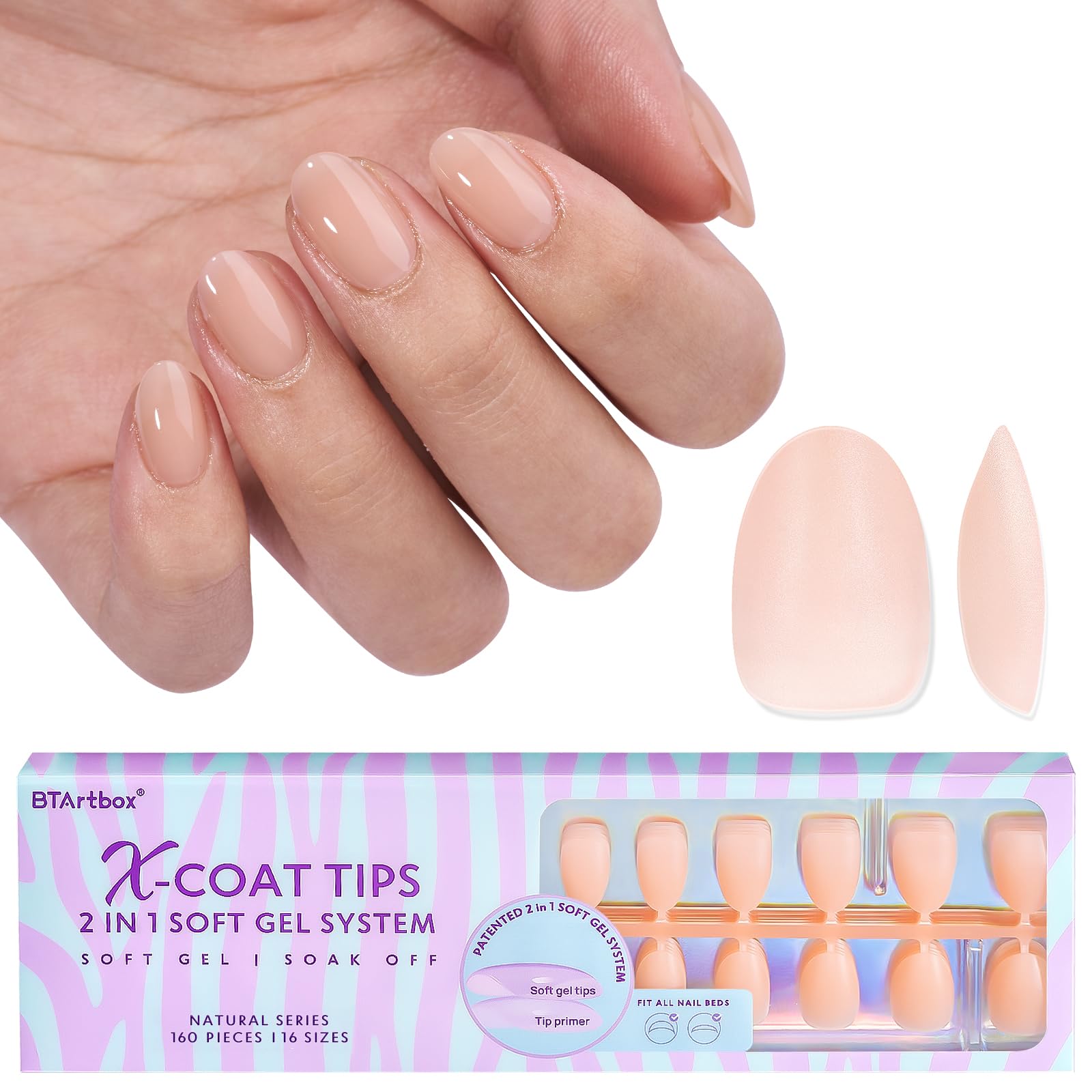 BTArtbox 160pcs Almond Nail Tips – Extra Short, 16 Sizes, Full Well Tips (Glue Not Included)