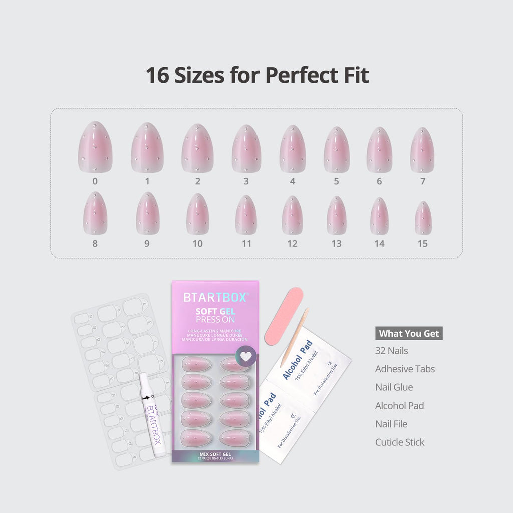 BTArtbox Press On Nails Short - Shy Metal with 3D Pearl Accents in Pink Almond | 32 Nails All-in-One Kit