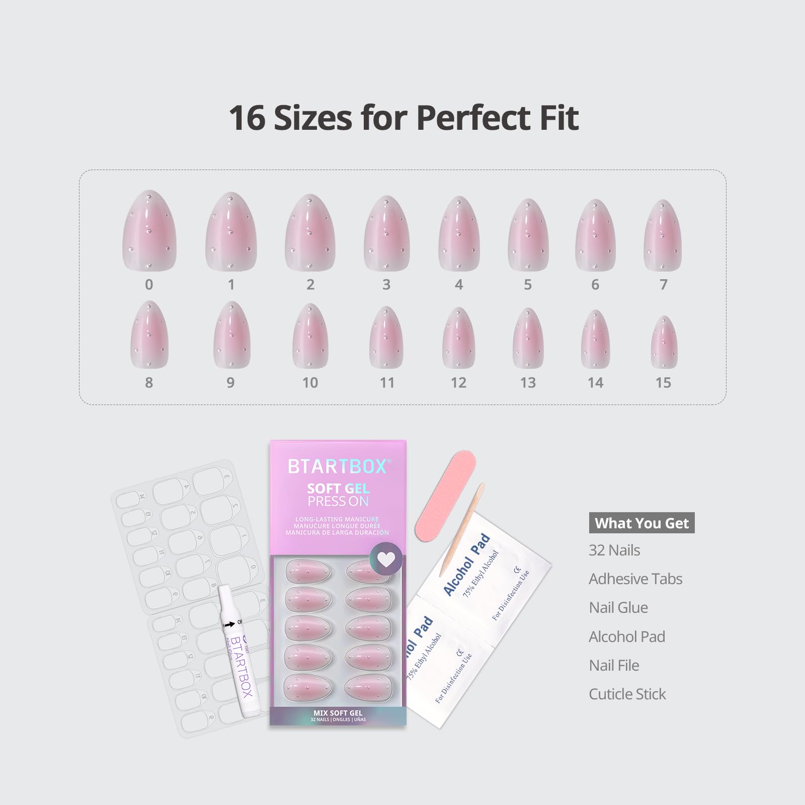 BTArtbox Press On Nails Short - Shy Metal with 3D Pearl Accents in Pink Almond | 32 Nails All-in-One Kit