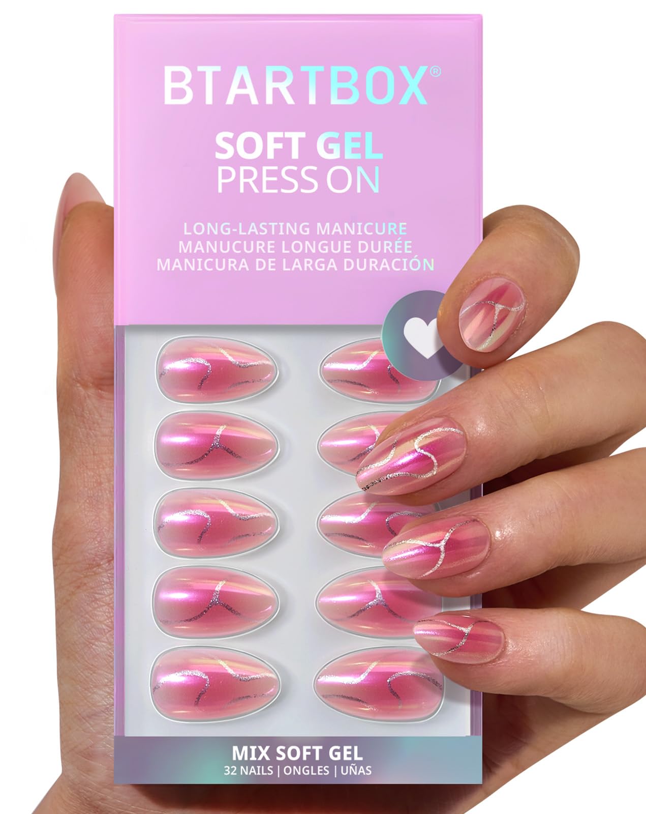 BTArtbox Press On Nails Almond - Neon Gradient Pink Chrome (Short) | 32-Count Glue On Nails Kit