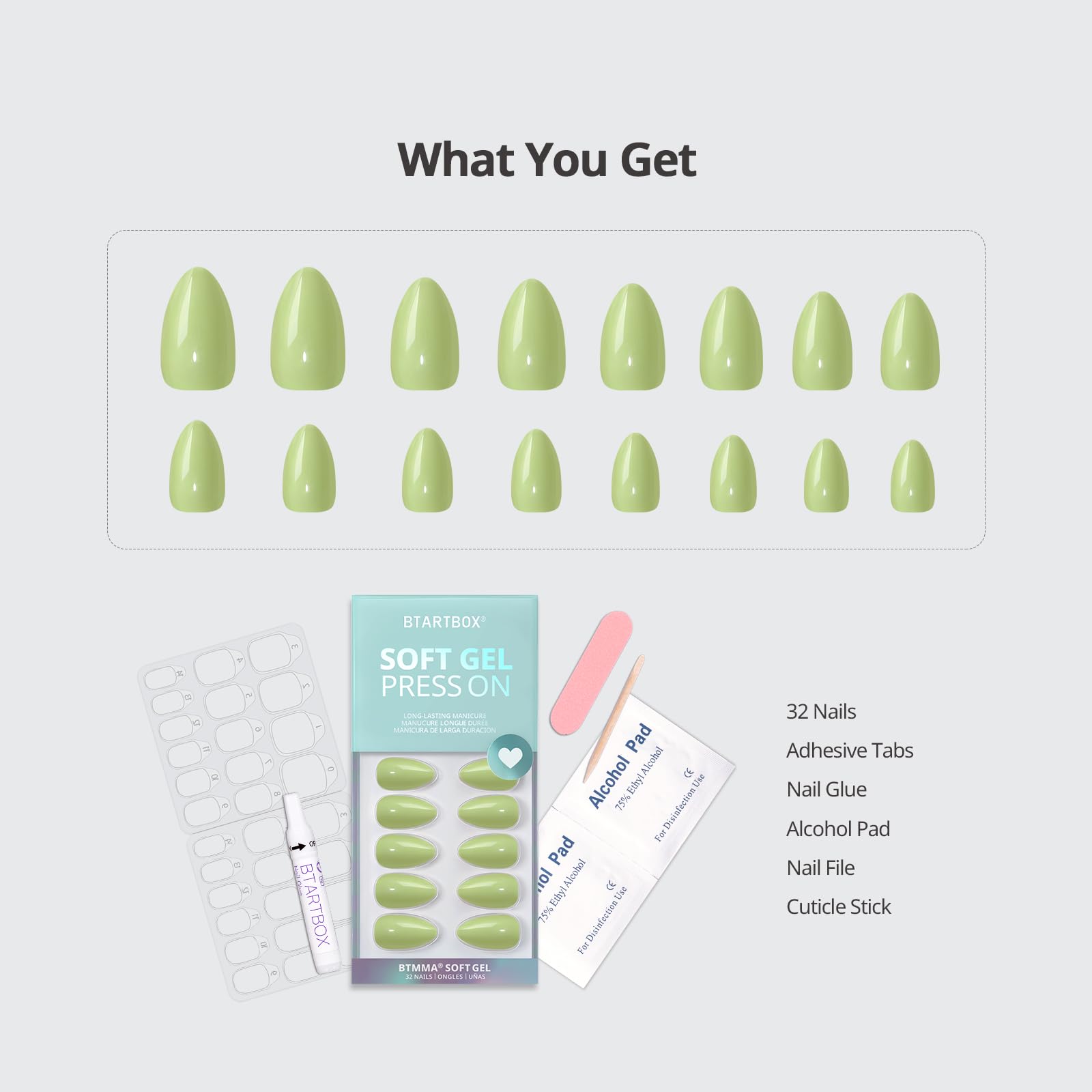 BTArtbox Almond Press On Nails - Pastel Green Short Kit with Glue | 32 Nails, 16 Sizes