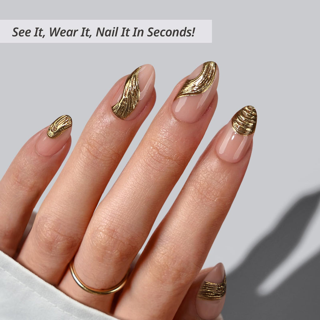 BTArtbox Press On Nails Short Gold Rush – 3D Sculpting Almond, 32 Nails Kit (16 Sizes)