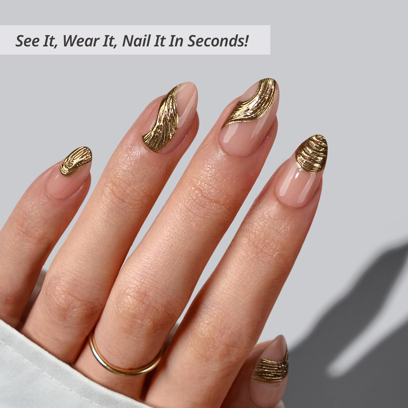 BTArtbox Press On Nails Short Gold Rush – 3D Sculpting Almond, 32 Nails Kit (16 Sizes)