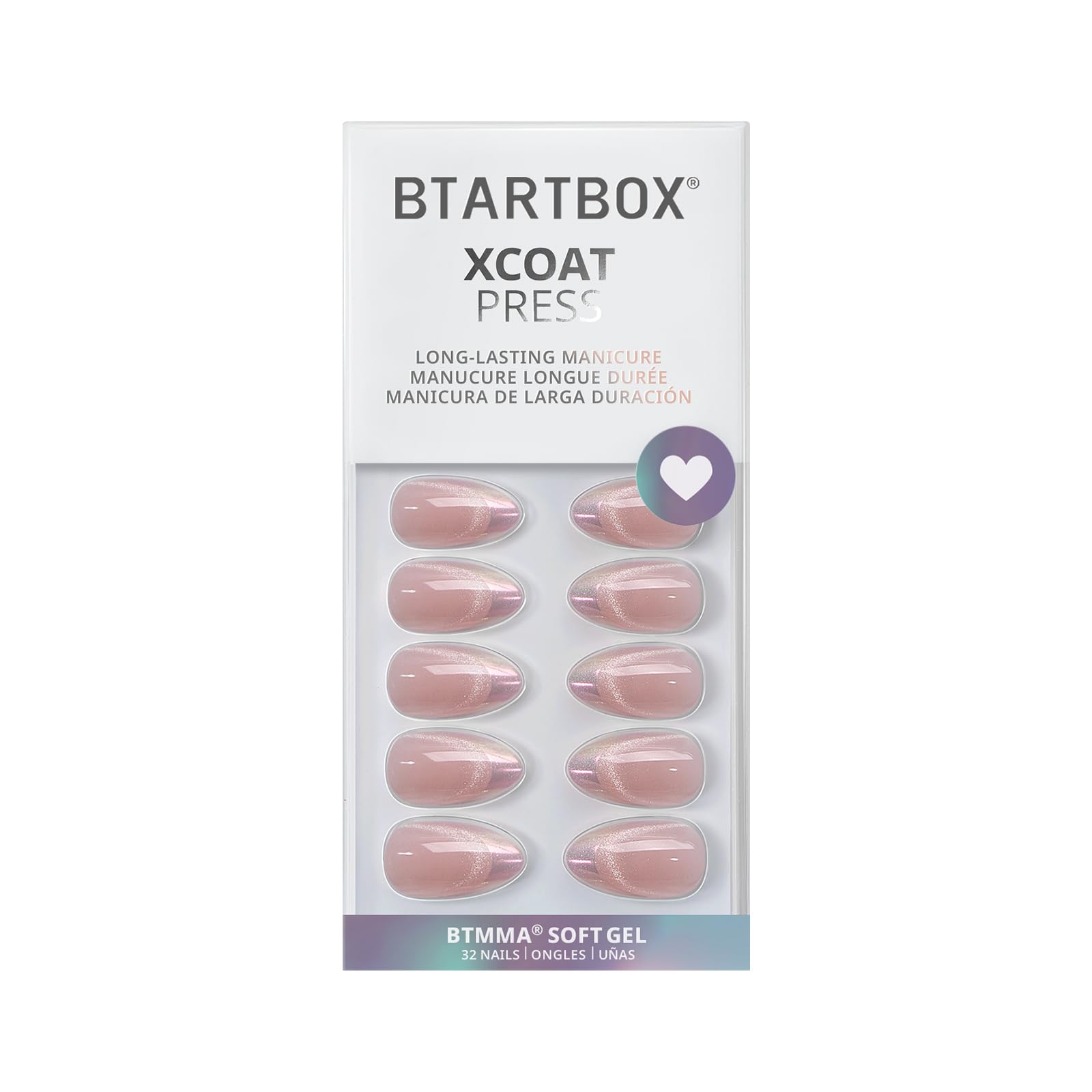 BTArtbox Almond Press On Nails – Diamond Dust Cat Eye Chrome Tips, 32 Nails, 16 Sizes