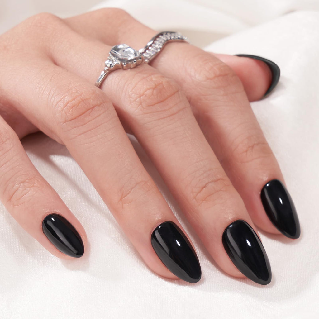 BTArtbox Black Velvet Almond Press On Nails | Soft Gel Kit, 16 Sizes, Quick Salon-Style Nails