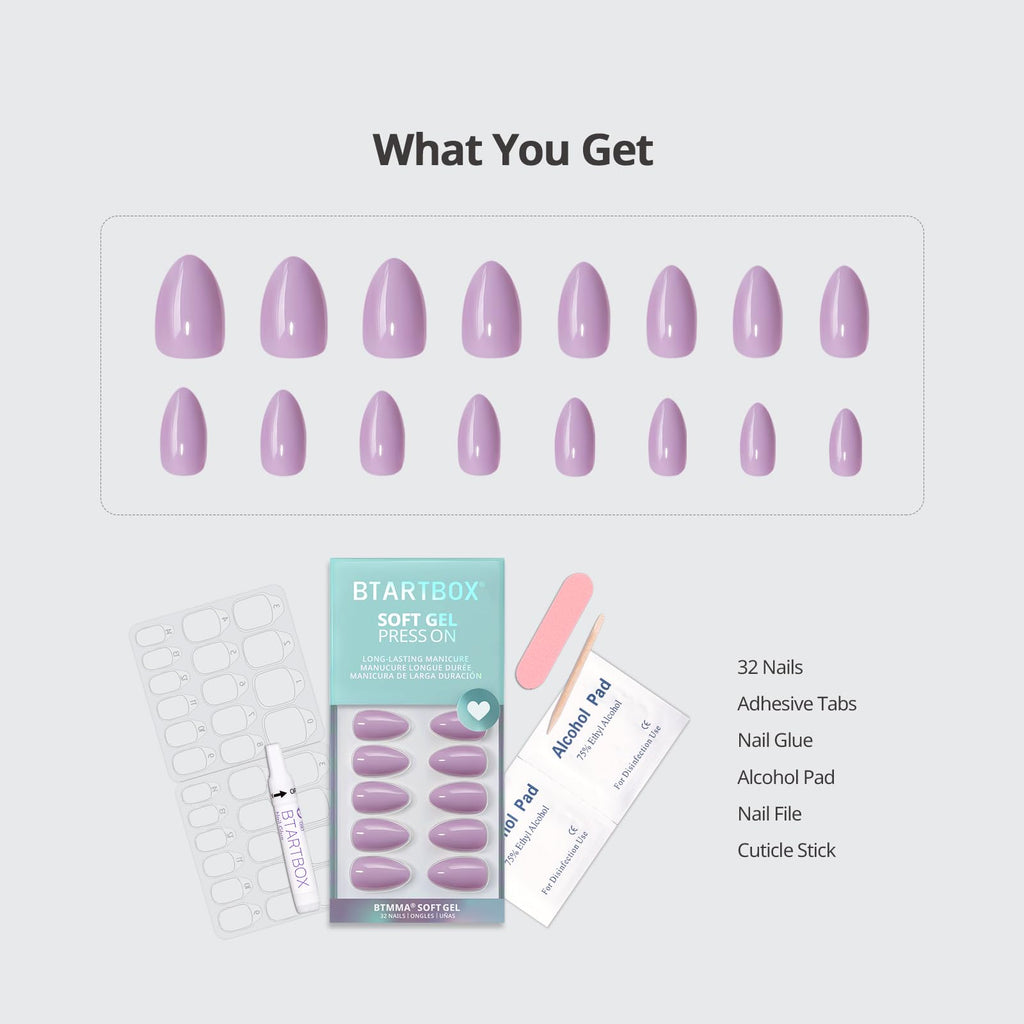 BTArtbox Almond Lavender Purple Short Press On Nails – 32-Count Kit with Glue