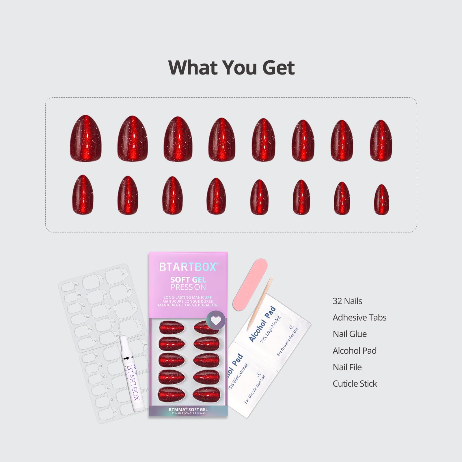 BTArtbox Press On Nails Short - New Red Sparkle Almond Kit with Glue & Tabs (32 Nails, 16 Sizes)