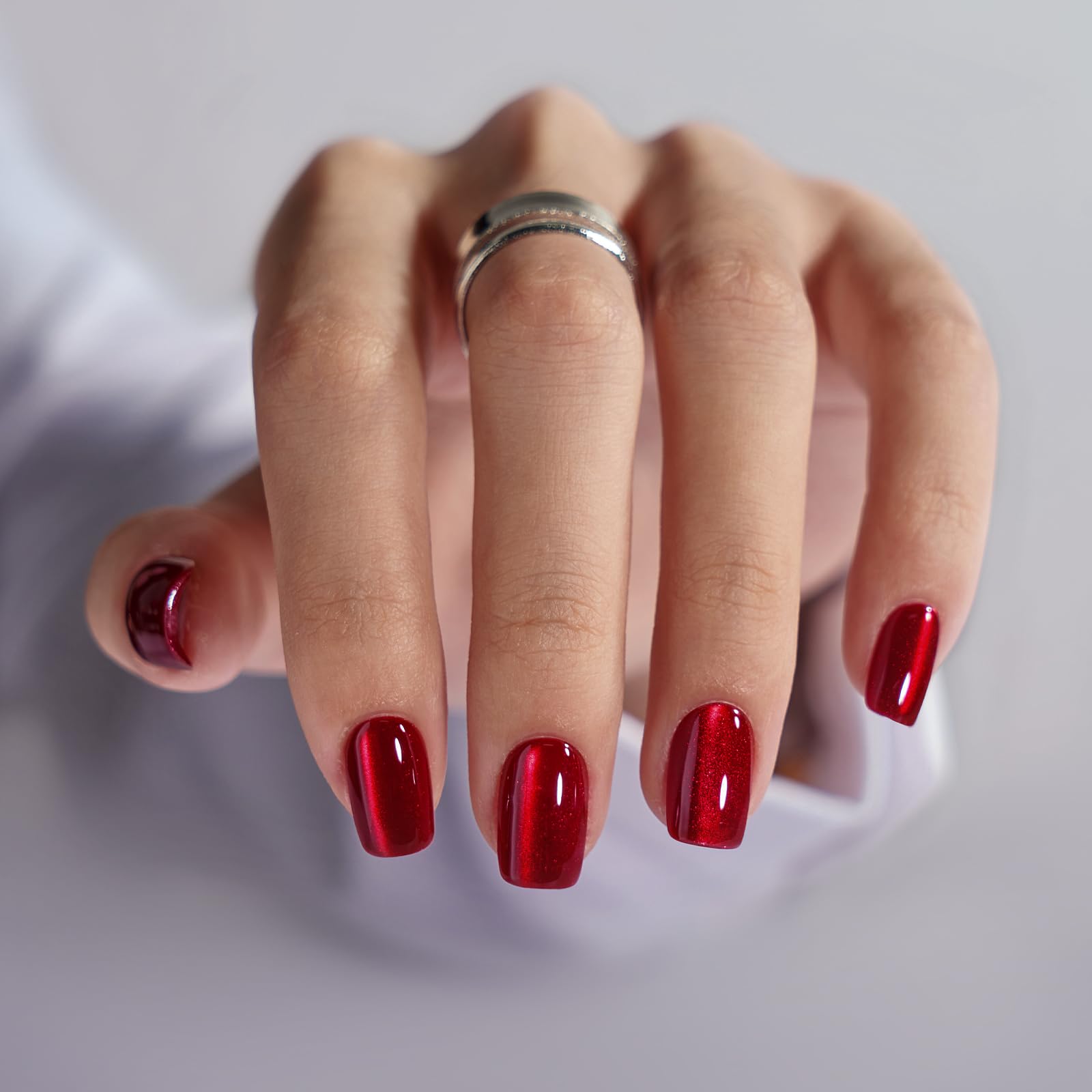 BTArtbox Press On Nails Red Cat Eye – Glossy Square Nails Kit, 30 Nails, 15 Sizes, Glue Included