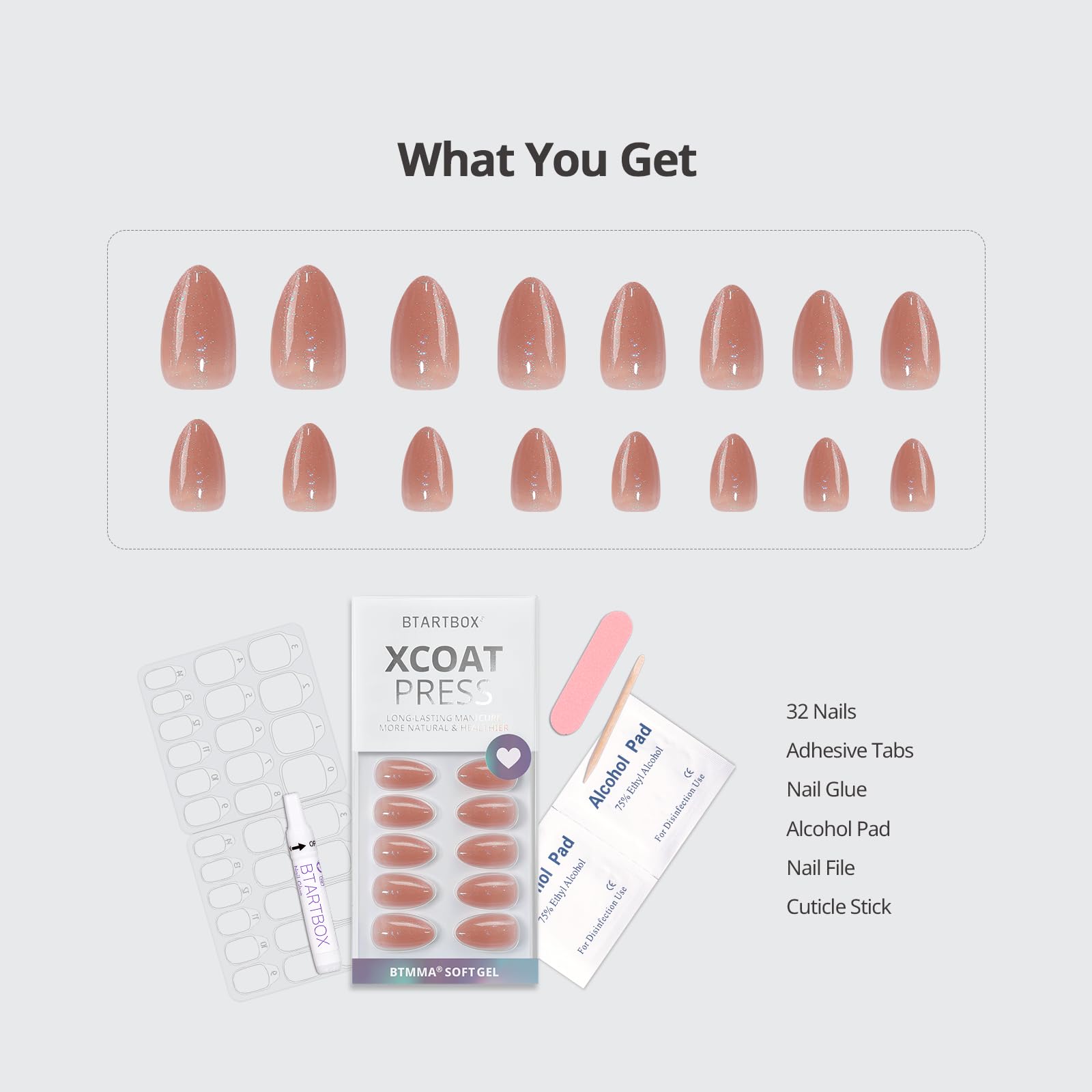 BTArtbox Press On Nails Short – Sparkly Almond, Citrine Glow, 32-Piece Kit with Glue