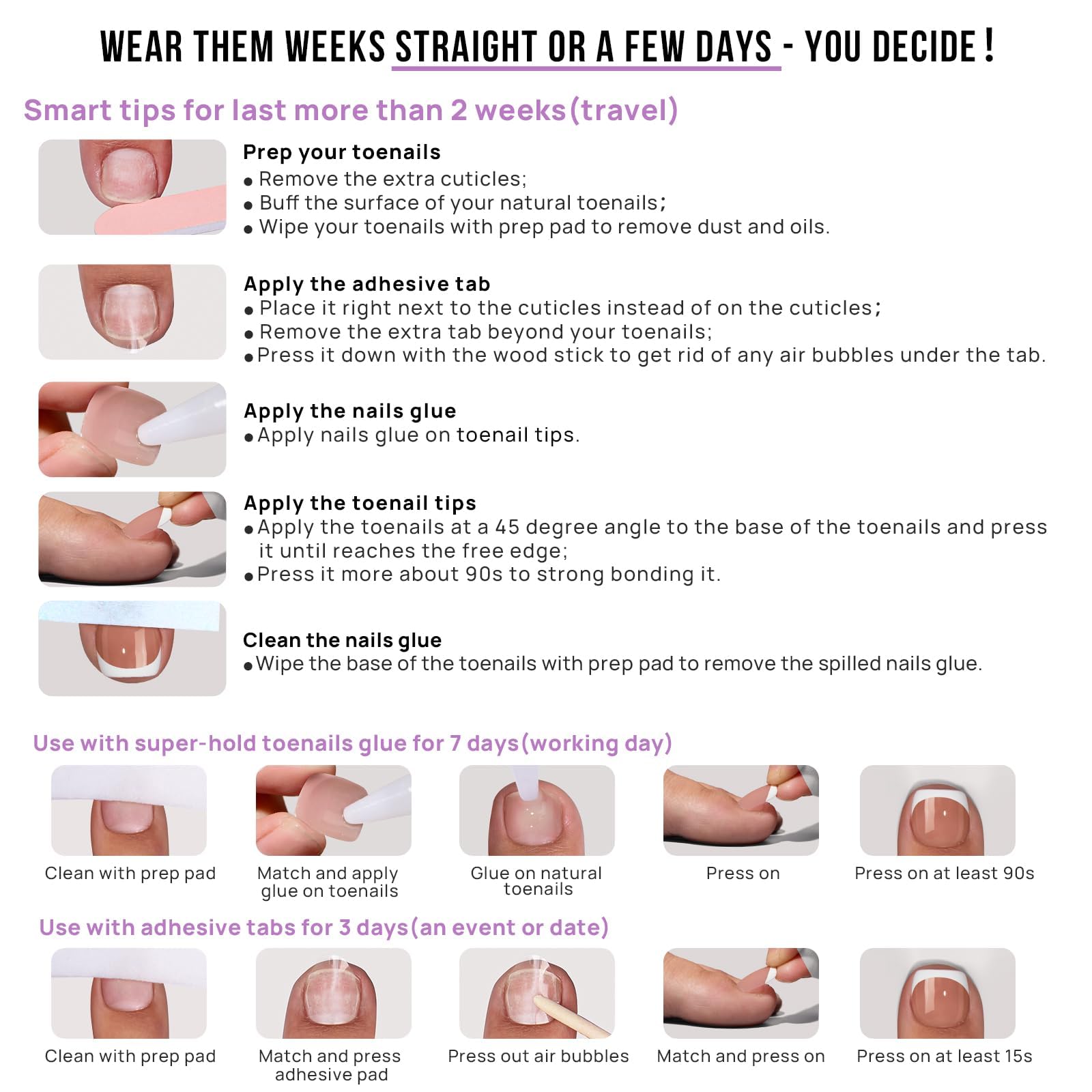 BTArtbox Press On Toenails – Short White French Tips, 32 Kit, 16 Sizes