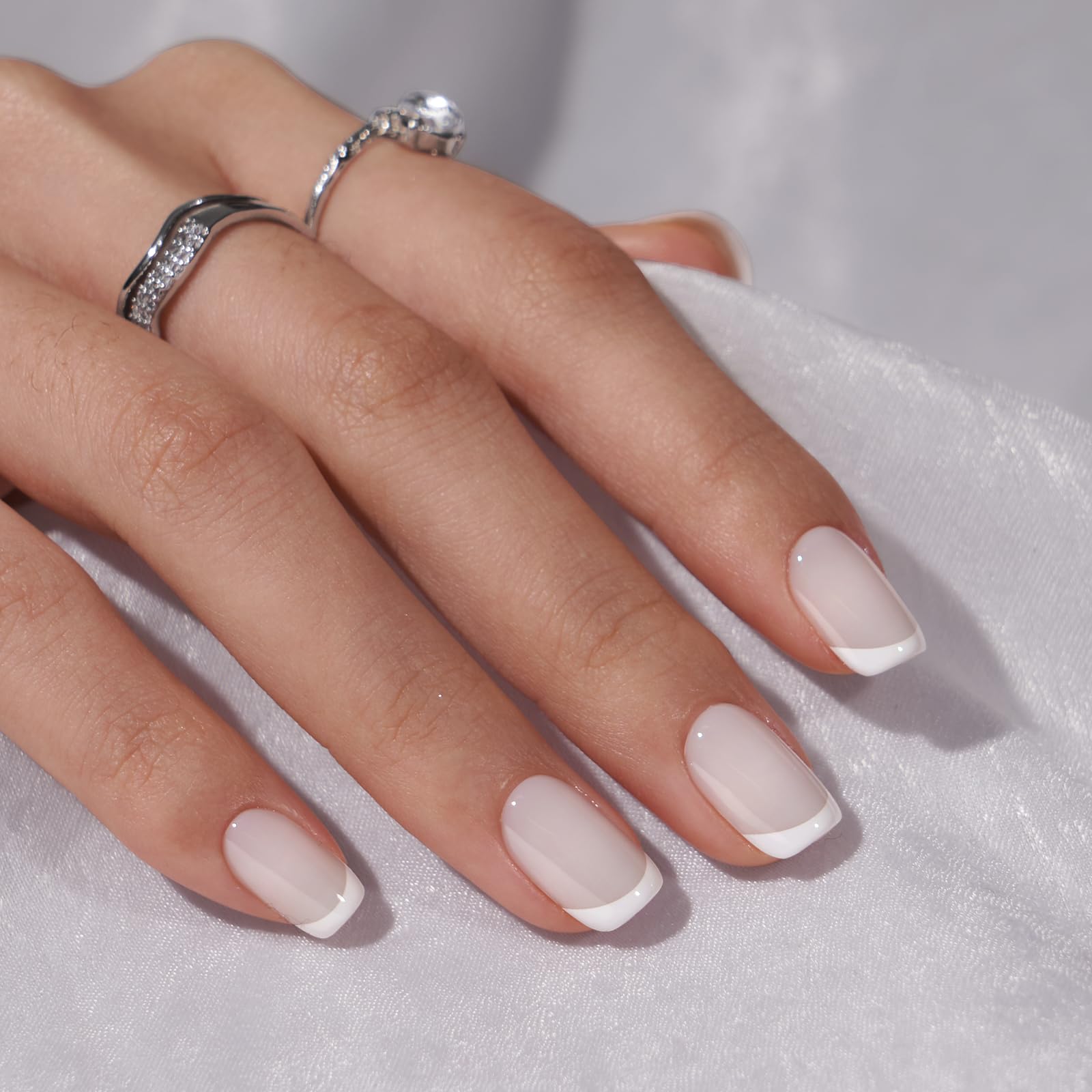 BTArtbox White French Tip Press On Nails – 15 Sizes, Glue-On, Square