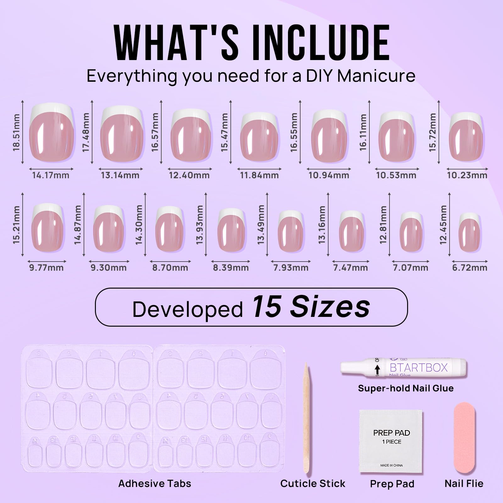 BTArtbox Press On Nails Short – White French Tip, Chrome Glazed, 15 Sizes, 30 Soft Gel Kit, Be Elegant