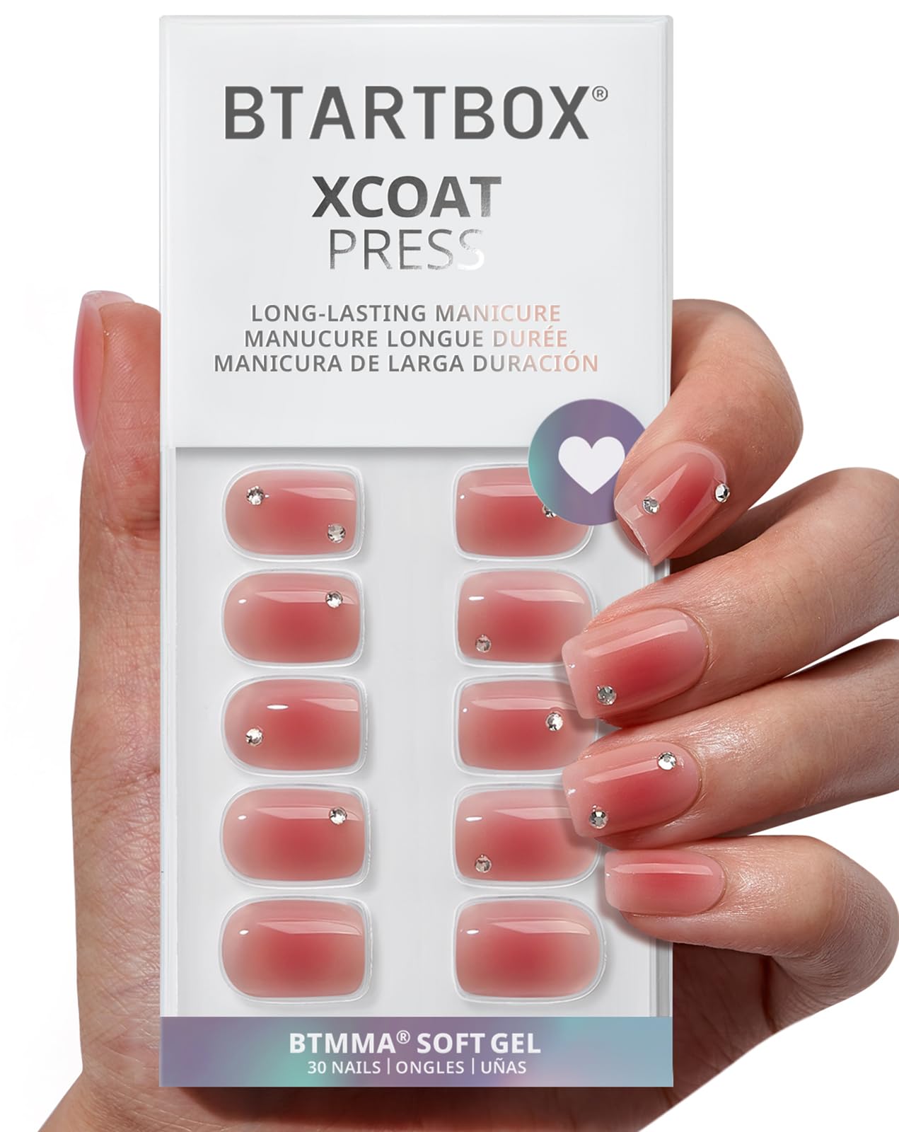 BTArtbox Press On Nails Short — Cyber Crimson Rhinestone Square Kit, 30 Nails, 15 Sizes