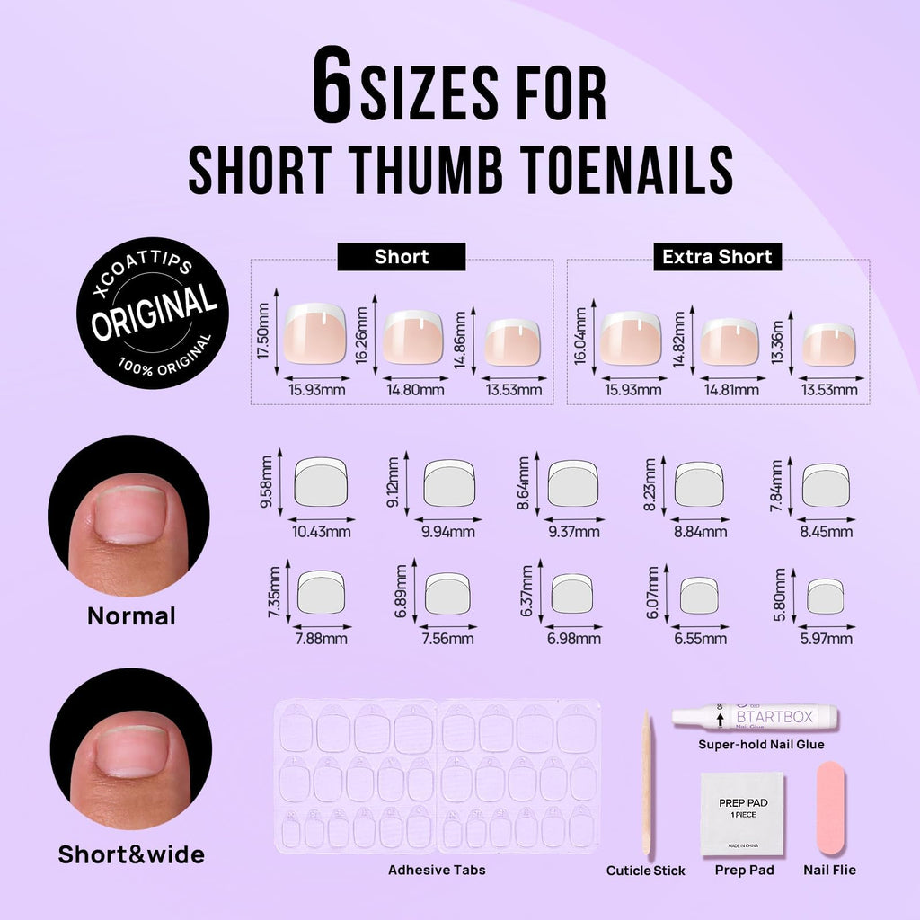 BTArtbox Press On Toenails – Short White French Tips, 32 Kit, 16 Sizes