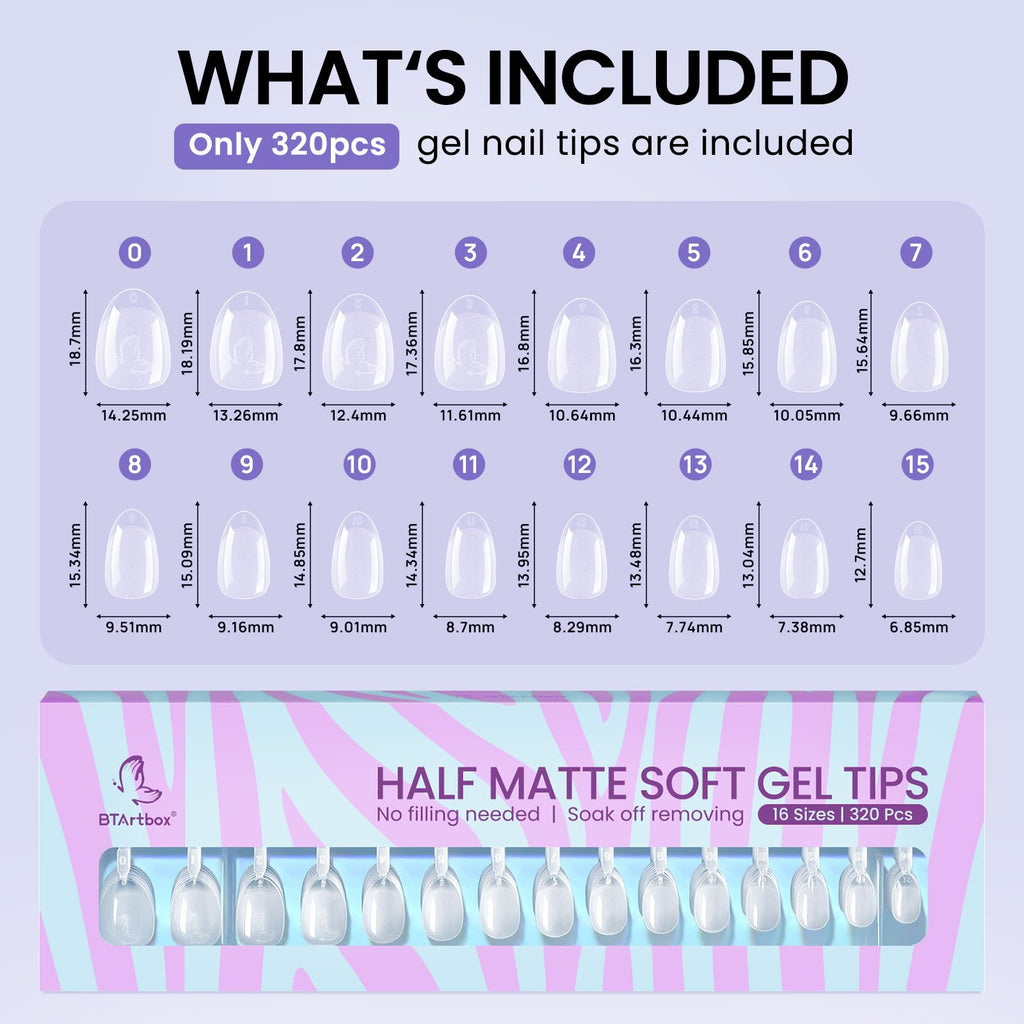 BTArtbox Extra Short Almond Nail Tips – 320pcs, 16 Sizes, Soft Gel, Half Matte, Clear