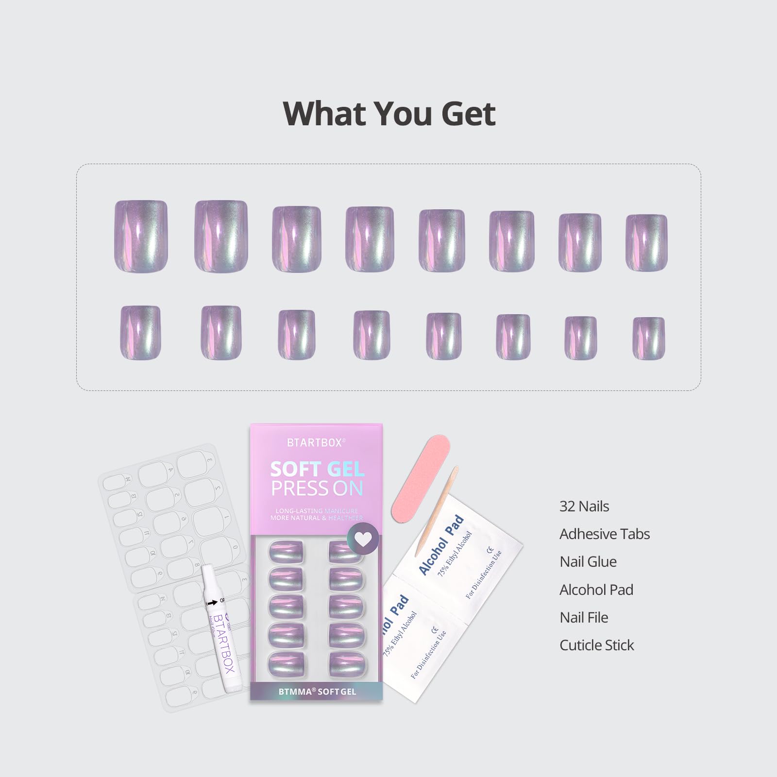 BTArtbox Chrome Cat Eye Short Press On Nails Kit – 32 Nails with Glue | Glass Ocean
