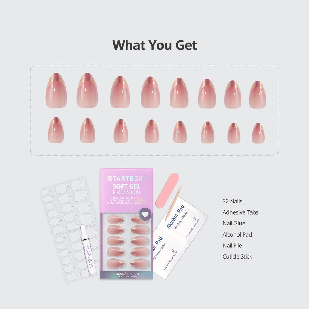 BTArtbox Press On Nails Short – Chrome French Tip Almond | 32 Nails, 16 Sizes, Glue Kit