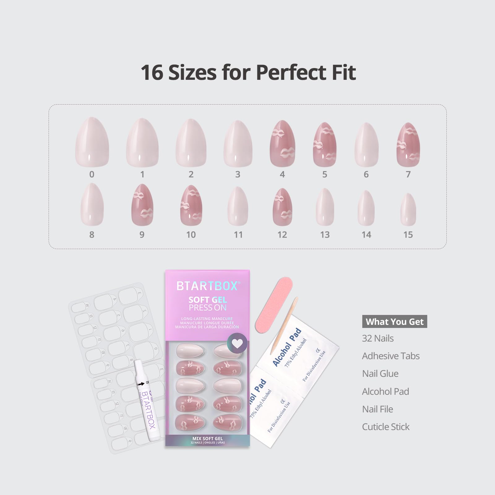 BTArtbox Dainty Kiss Short Press On Nails – 3D Pink Lip Almond, 32-Nail Kit with Glue & Tabs