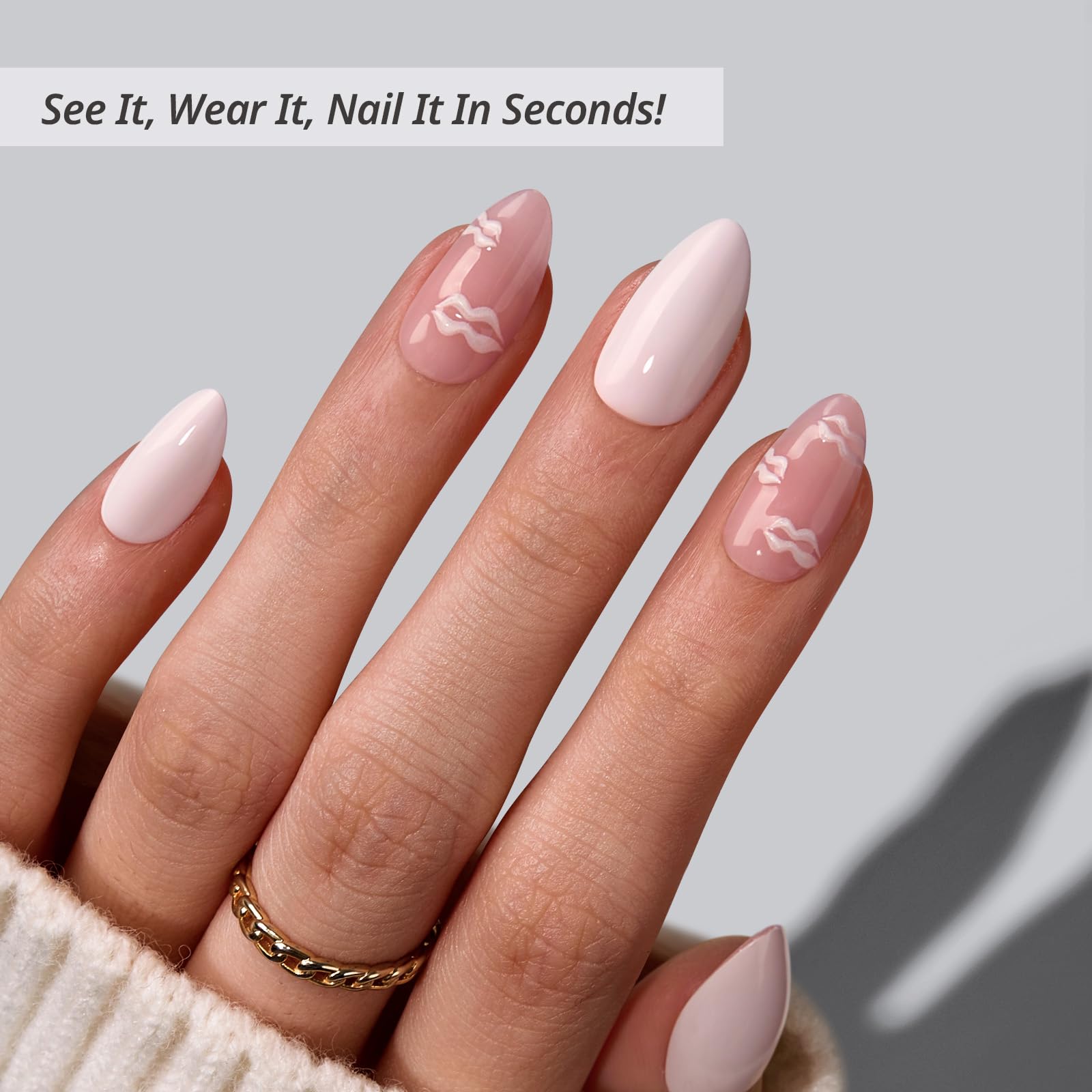 BTArtbox Dainty Kiss Short Press On Nails – 3D Pink Lip Almond, 32-Nail Kit with Glue & Tabs