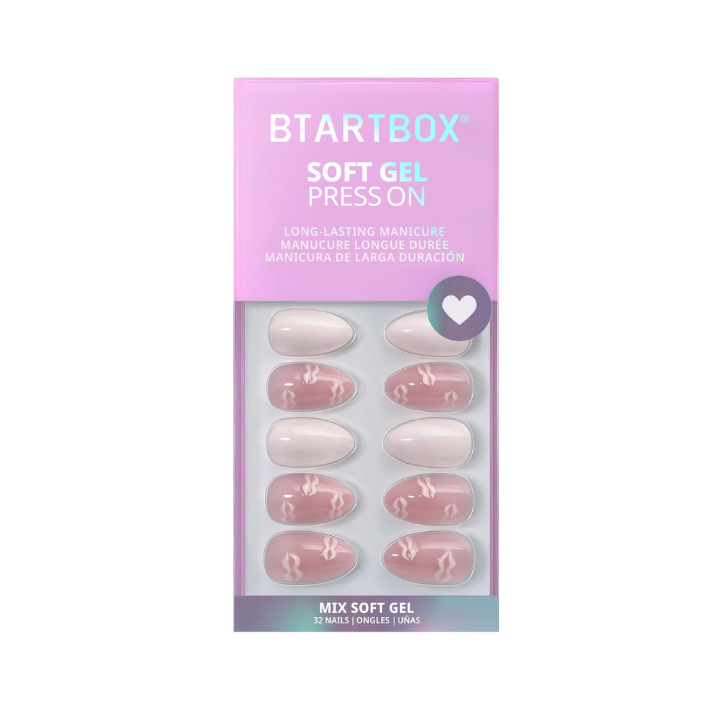BTArtbox Dainty Kiss Short Press On Nails – 3D Pink Lip Almond, 32-Nail Kit with Glue & Tabs