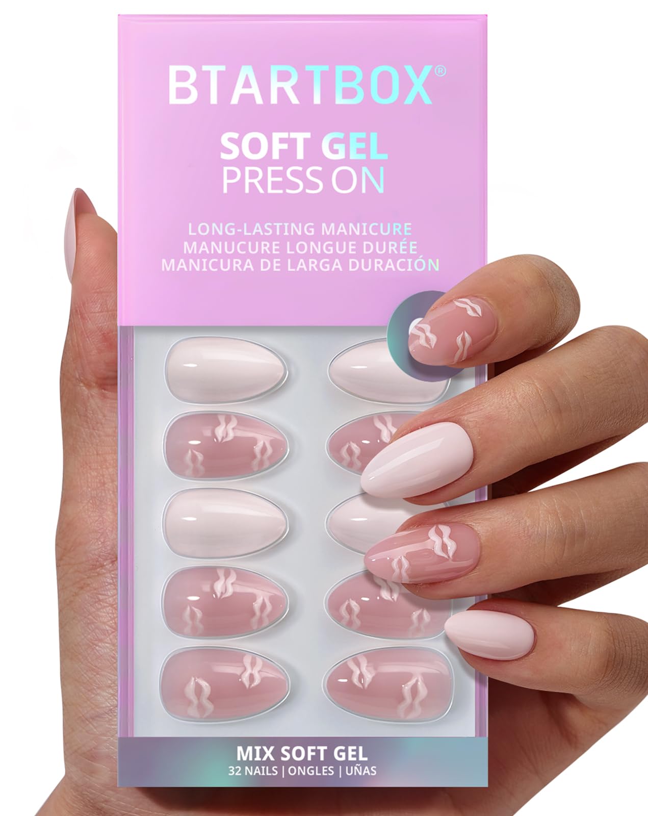 BTArtbox Dainty Kiss Short Press On Nails – 3D Pink Lip Almond, 32-Nail Kit with Glue & Tabs