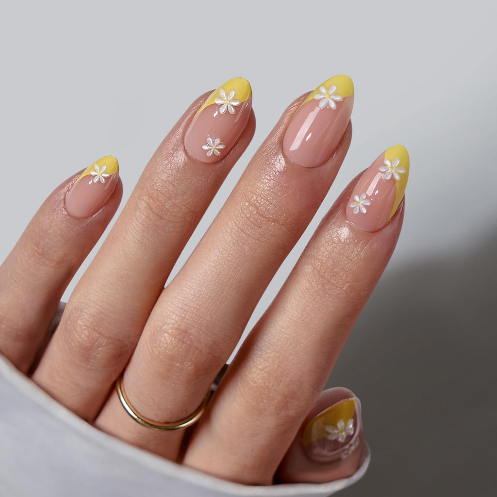 BTArtbox Daisy French Tip Press-On Nails – Short Almond, UV/LED Cure, 32-Piece Kit