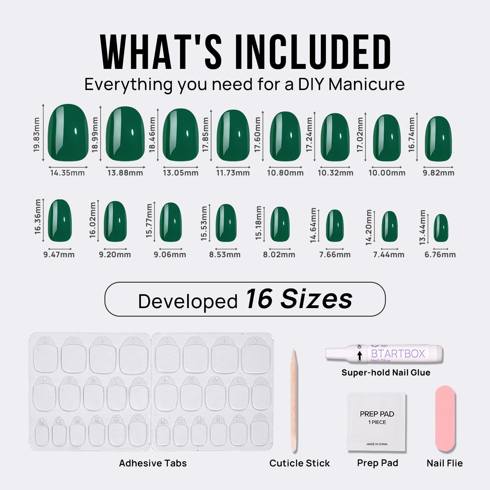 BTArtbox Press On Nails Short – Dark Green Short Oval Gel Nails (16 Sizes)