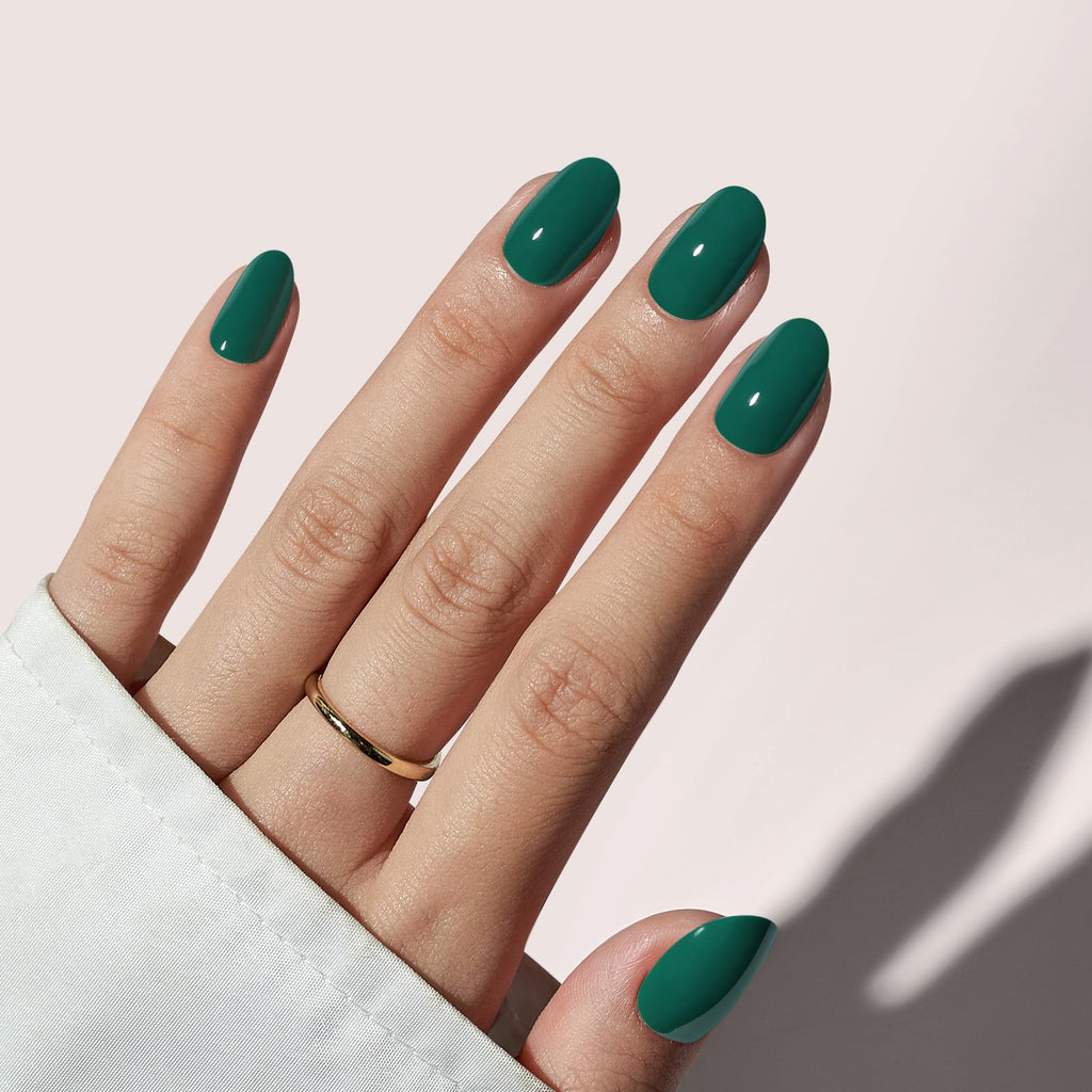 BTArtbox Press On Nails Short – Dark Green Short Oval Gel Nails (16 Sizes)