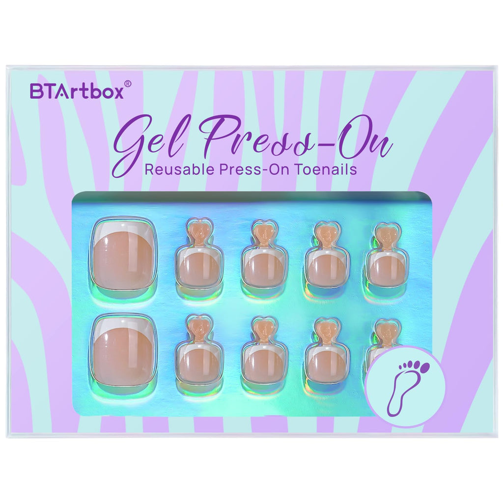 BTArtbox Press On Toenails – Short White French Tips, 32 Kit, 16 Sizes