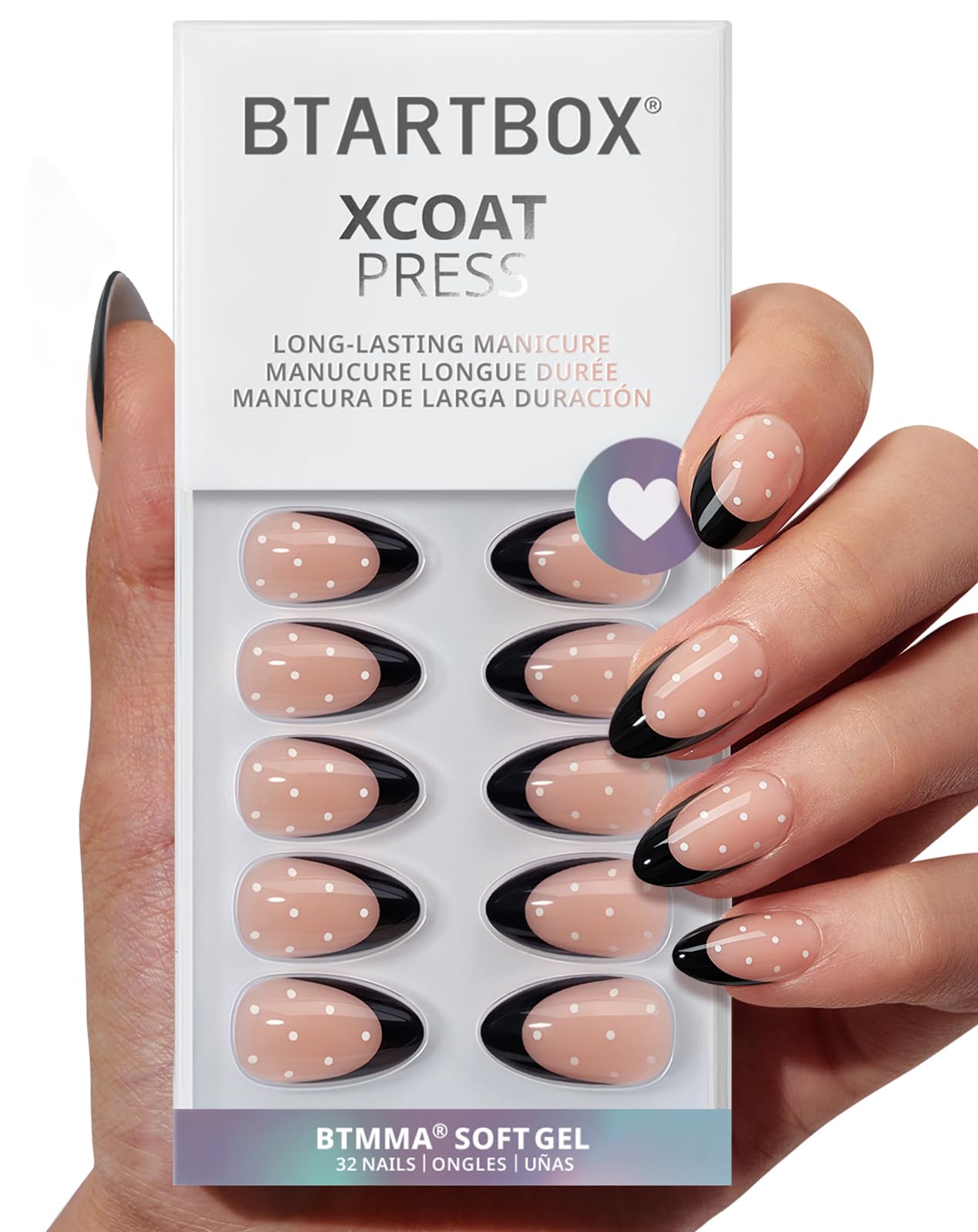 BTArtbox Dot Couture Press On Nails Short - Almond Black French Tip, 32-Count Kit