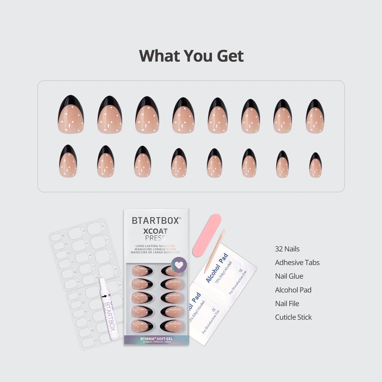 BTArtbox Dot Couture Press On Nails Short - Almond Black French Tip, 32-Count Kit