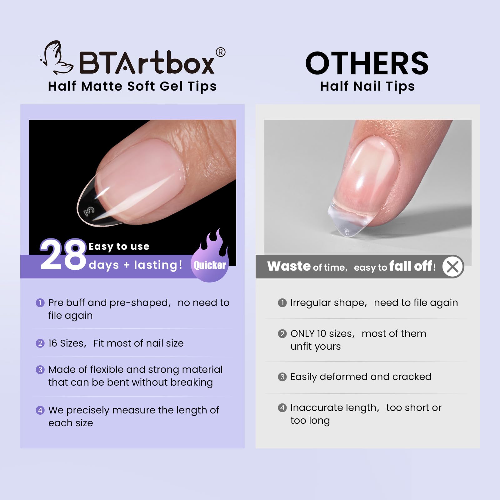 BTArtbox Short Almond Nail Tips - 320Pcs, 16 Sizes, Clear Half-Matte Soft Gel for Natural Full Cover Extensions