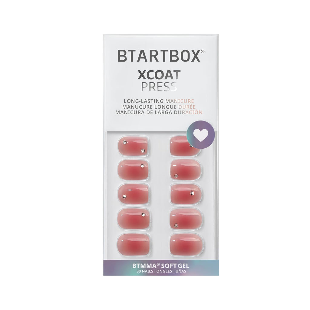 BTArtbox Press On Nails Short — Cyber Crimson Rhinestone Square Kit, 30 Nails, 15 Sizes