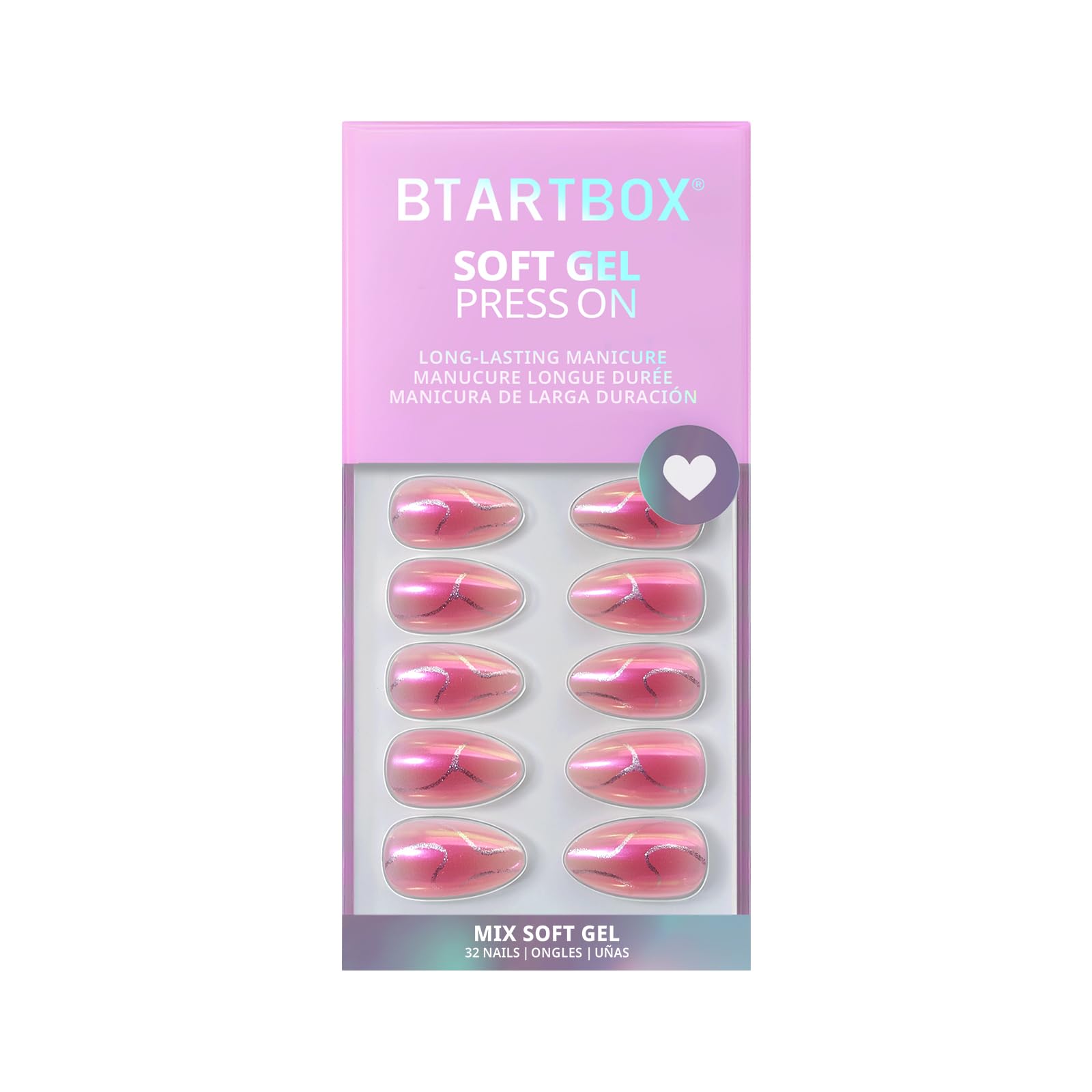 BTArtbox Press On Nails Almond - Neon Gradient Pink Chrome (Short) | 32-Count Glue On Nails Kit