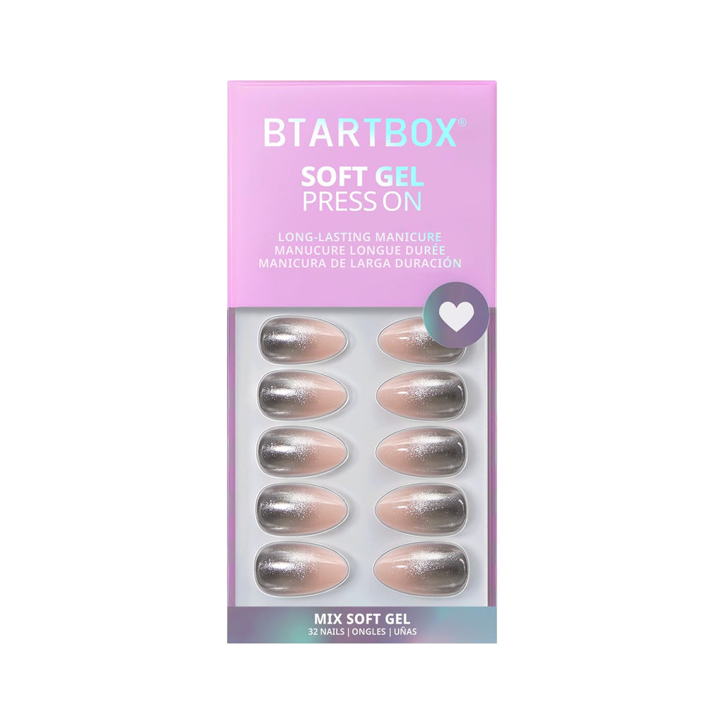BTArtbox Press On Nails Short - Silver Fizz Chrome Glitter Almond Kit (32 Nails + Glue & Tabs)