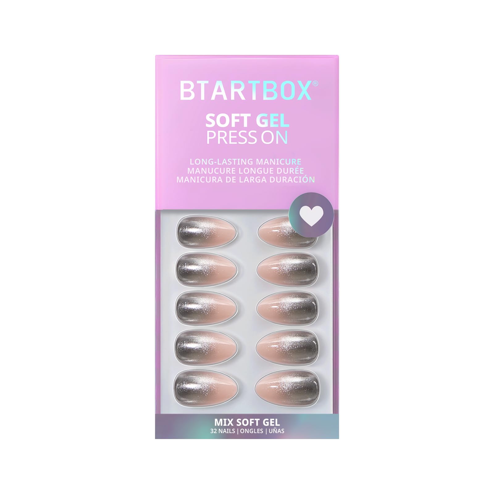 BTArtbox Press On Nails Short - Silver Fizz Chrome Glitter Almond Kit (32 Nails + Glue & Tabs)