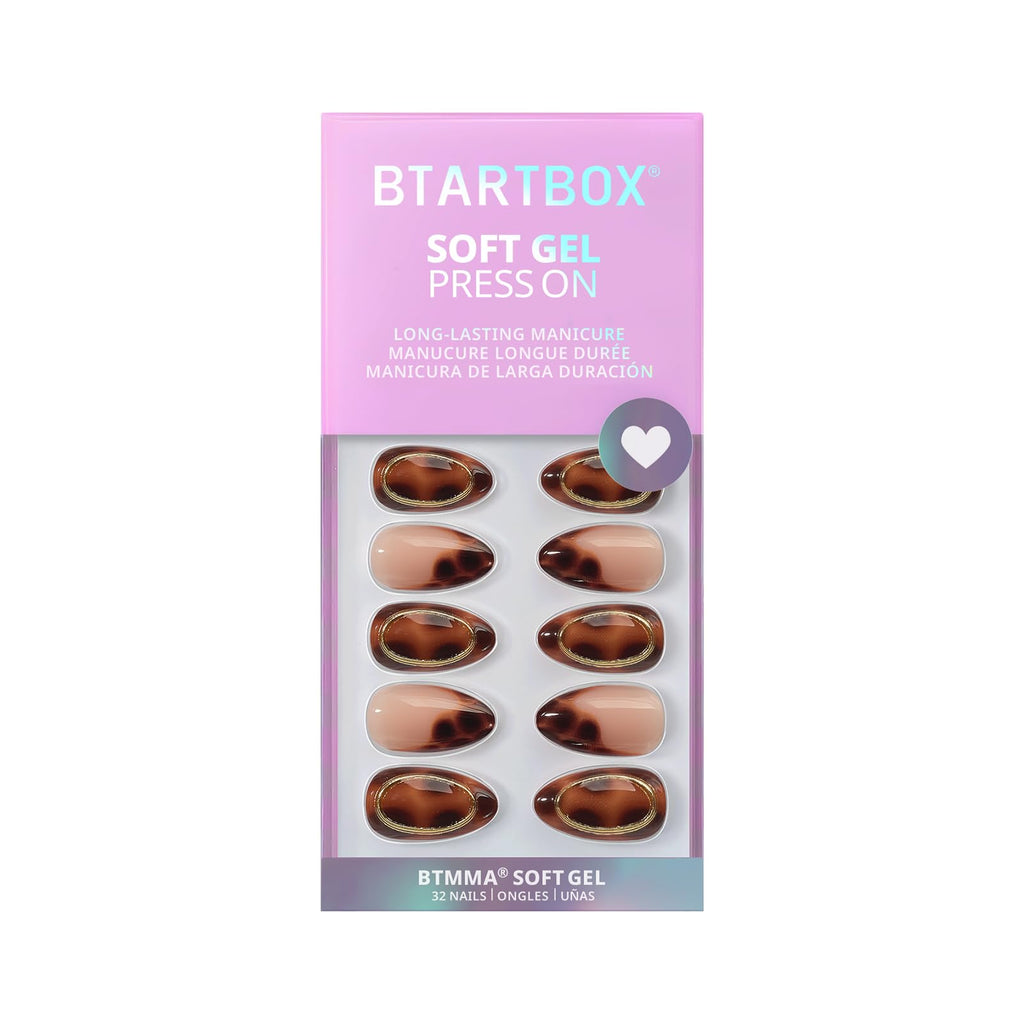 BTArtbox Almond Press On Nails – Amber Hoops & Tortoise Shell Short French Tip Kit