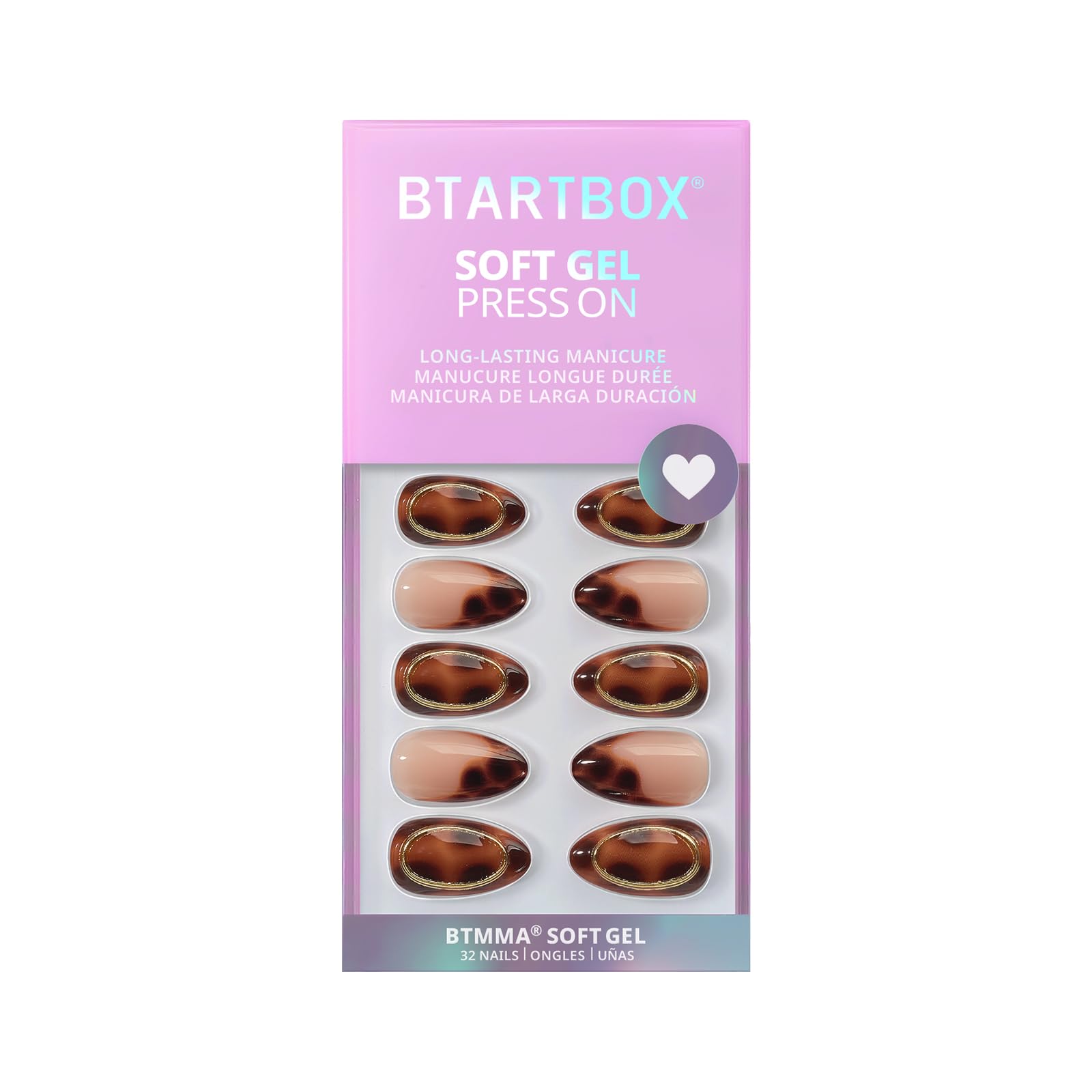 BTArtbox Almond Press On Nails – Amber Hoops & Tortoise Shell Short French Tip Kit