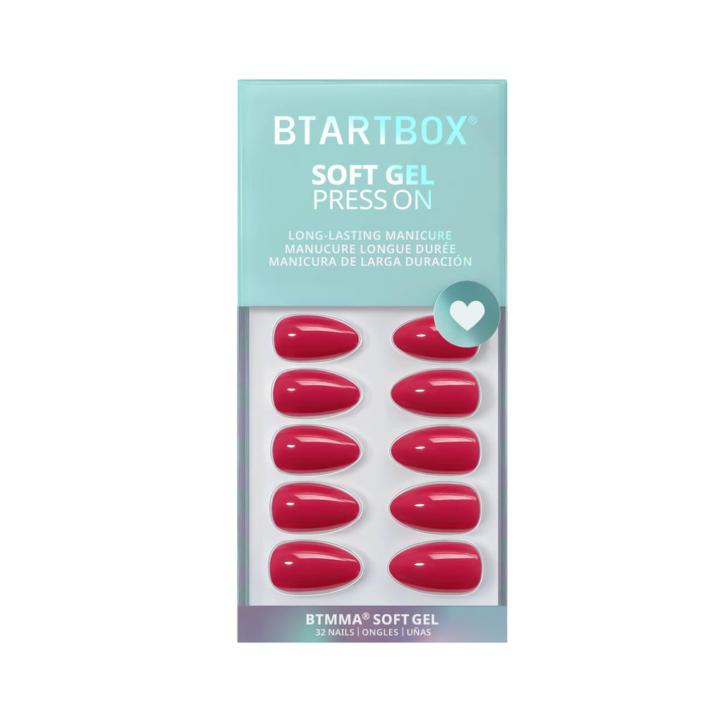 BTArtbox Press On Nails Almond – Raspberry Red Short, 32 Nails, 16 Sizes (Berry Blod)
