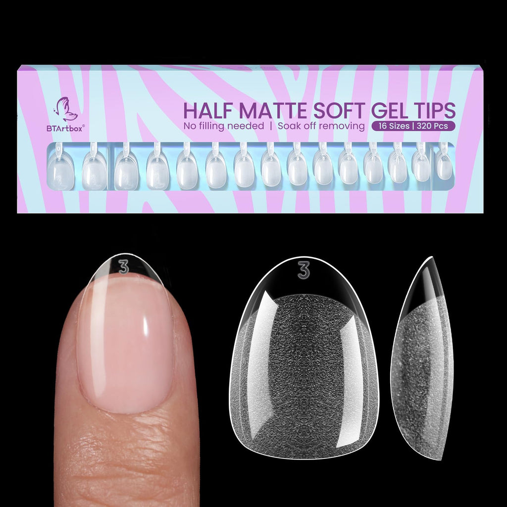 BTArtbox Extra Short Almond Nail Tips – 320pcs, 16 Sizes, Soft Gel, Half Matte, Clear