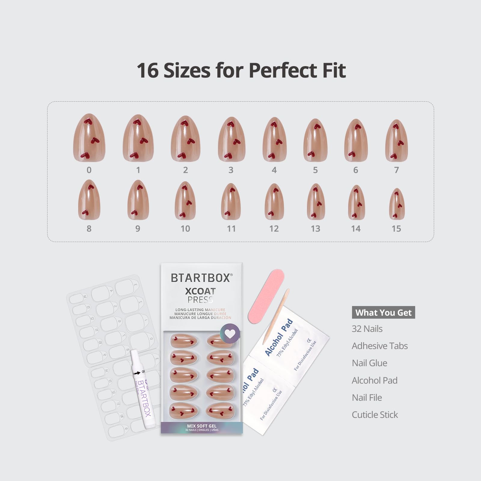 BTArtbox Feel My Love Press On Nails – 3D Red Heart Almond Kit (32 Nails)